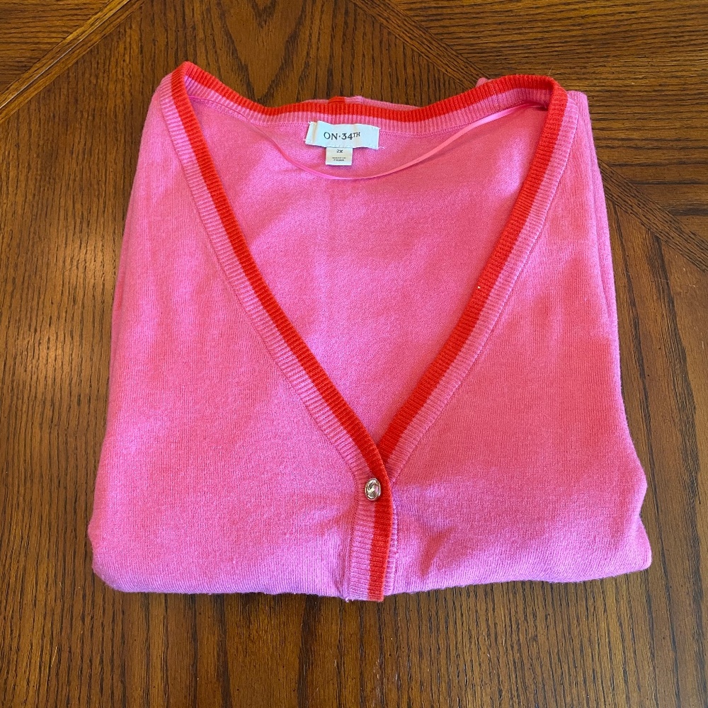 Pink V-Neck Cardigan with Red Trim